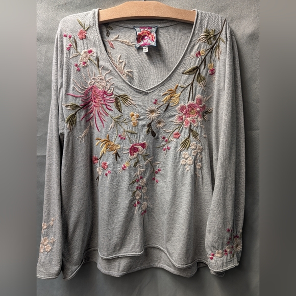 Johnny Was Gray Top with Pink and Green Embroidery Size M